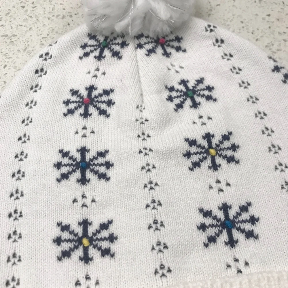 Kids Youth White & Navy Snowflake Pom Pom Beanie With Rainbow Dots